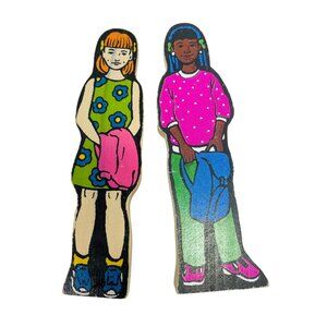 Vintage Inspired Wooden Children Figurines Set Wedgies Career Lot of 2 Stained